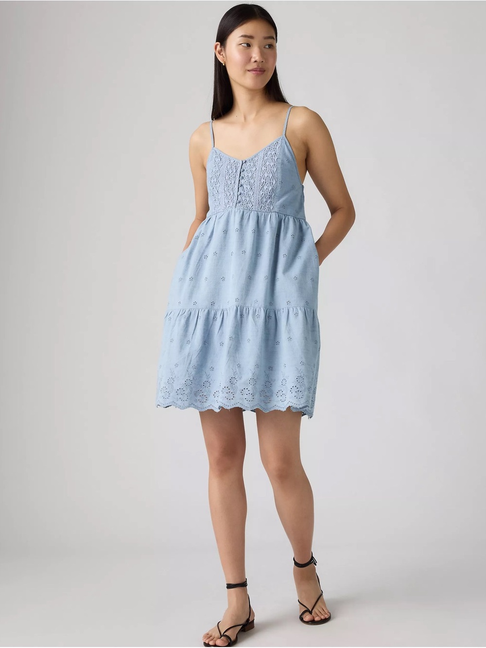 Levi’s Cora Mini Dress Chambray Blue Babydoll Eyelet Sundress 100% Cotton -  L
